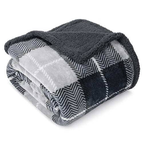 PAVILIA Twin Plaid Sherpa Throw Blanket for Couch Sofa Bed Dark Grey, 60x80 | GSM 460; Soft Plush Flannel Fleece; Warm&Cozy for Home; Machine Washable, Perfect Cabin Decor Winter Holiday Christmas Gift - color: Plaid Charcoal, size: 60 x 80 Inches