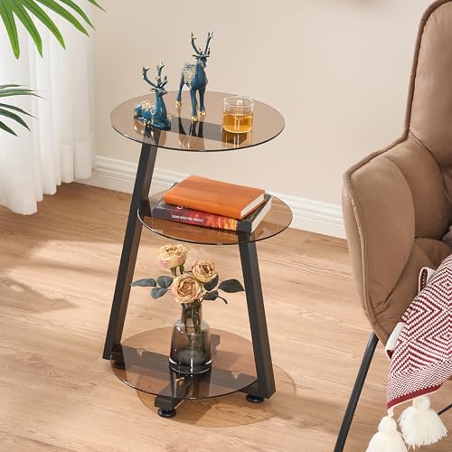 BEWISHOME Small Round Side Table, End Table with Storage Shelves, Tawny | Metal Frame, 3-Tier Shelves, Accent Table Nightstand Bedside Table, Tempered Glass Surface, KTZ41S - color: Dark Brown, size: without PowerOutlet