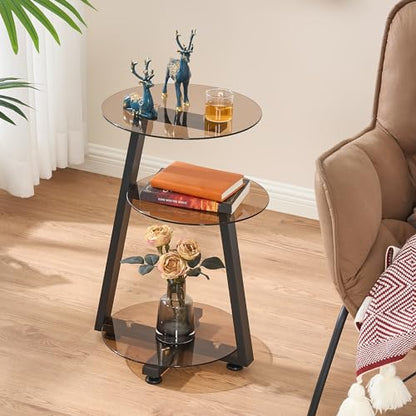 BEWISHOME Small Round Side Table, End Table with Storage Shelves, Tawny | Metal Frame, 3-Tier Shelves, Accent Table Nightstand Bedside Table, Tempered Glass Surface, KTZ41S - color: Dark Brown, size: without PowerOutlet