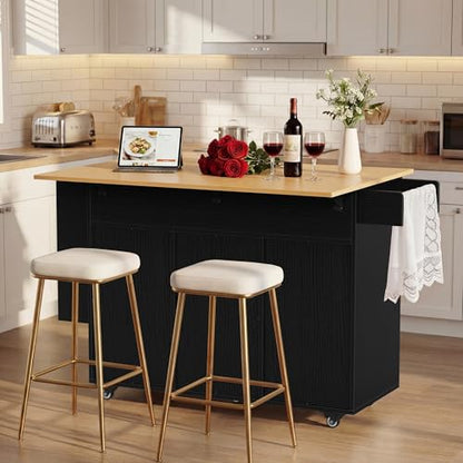 YESHOMY Kitchen Island on Wheels with Trash Cabinet, 56" Mobile Cart with Drop Leaf and Drawers, Rolling Portable Table with Spice Rack & Towel Holder for Dining Room, Black & Oak - color: Black & Oak