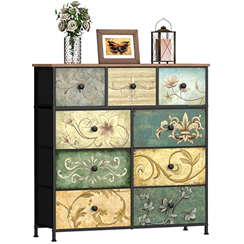 Dresser with Drawers for Bedroom Chest of Drawers Fabric Dresser for Closet,Nursery Entryway Hall Tree TV Stand for Living Room Retro Floral Pattern Drawers Wooden Top (9 Drawers) - size: 11.8"D x 39"W x 39.4"H (9 Drawers)