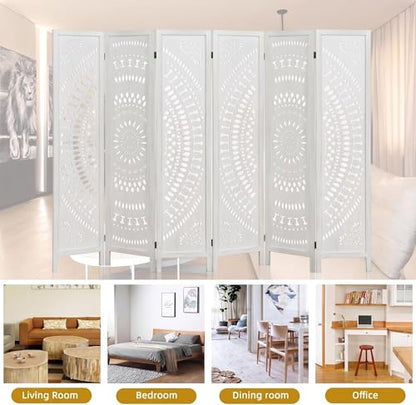 6 Panel White Room Divider, 67 Inch Wood Carved Privacy Screen, Bohemian Style Folding Room Divider, Portable Partition Wall Divider for Room Separation (White)