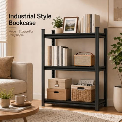 3 Shelf Bookcase, 32" W x 14" D x 32" H Narrow Metal Bookcase for Small Spaces, Black Small Bookshelf, Industrial Standing Storage Shelves for Living Room, Bedroom & Home Office - size: 3 Tier-32"Wx 14"Dx 32"H