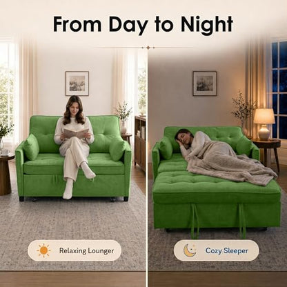 Dreamzie 55'' 3 in 1 Convertible Sofa Bed with USB Charging Ports, Pull Out Couch with Adjustable Backrest and Side Pockets, Sleeper Sofa for Living Room, Apartment, RV, Easy Assembly - Green - color: Green