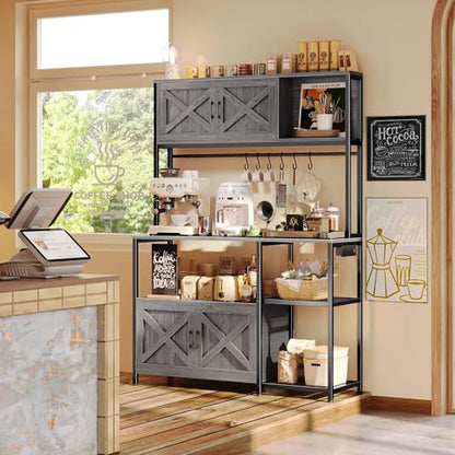 Huuger Large Bakers Rack with Power Outlet, Kitchen Microwave Stand with Cabinets, Coffee Bar Table Station with Storage, 6 S-Shaped Hooks, Mesh Shelves, 45 Inch Wooden Top, Grey - color: Charcoal Grey