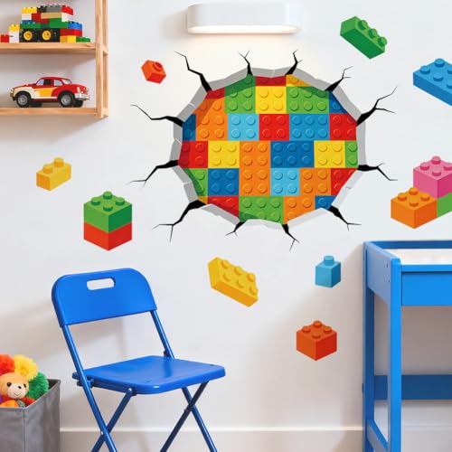 Hole in Wall Building Blocks Wall Decals, Wall Stickers Decor | 2 Sheets 11.8"x37.8" Vinyl Removable Peel and Stick Murals, Plant Decor for Bedroom, Bathroom, Office, Classroom & Home - style: Hole in Wall Building Blocks