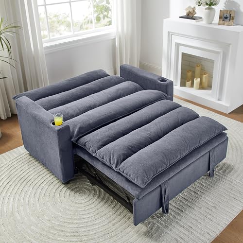 SLEERWAY 3 in 1 Convertible Sleeper Sofa Bed, 56.3" W Easy Pull Out Couch Bed with Dual Cup Holders, Comfy Thick Padding Futon Loveseat with Adjustable Backrest for Living Room Small Space (Grey) - color: Grey, size: 56.3"