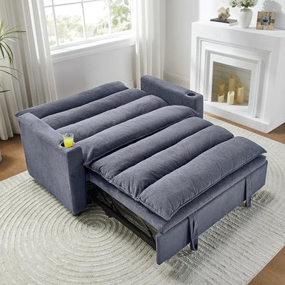 SLEERWAY 3 in 1 Convertible Sleeper Sofa Bed, 56.3" W Easy Pull Out Couch Bed with Dual Cup Holders, Comfy Thick Padding Futon Loveseat with Adjustable Backrest for Living Room Small Space (Grey) - color: Grey, size: 56.3"