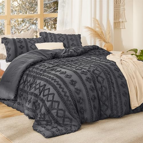 Bedsure Tufted Boho Comforter Set Twin Size - Dark Grey Boho Bed Set, GentleSoft™ 2 Pieces Farmhouse-Style Embroidery Bedding, Gifts for Woman, Soft Jacquard Kids' Twin Comforter for All Seasons - color: 19 - Dark Grey - Elegant, size: Twin/Twin XL