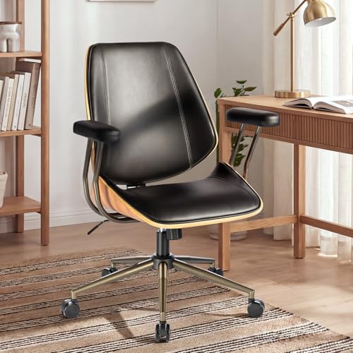 Modern Mid Back Office Chair, Adjustable Swivel Desk Chair with Arms, Black | Faux leather seat, wood accent detail, mid-back with padded armrests, adjustable swivel, for home office, bedroom & study - color: Black, size: 1-Piece Back / No Headrest