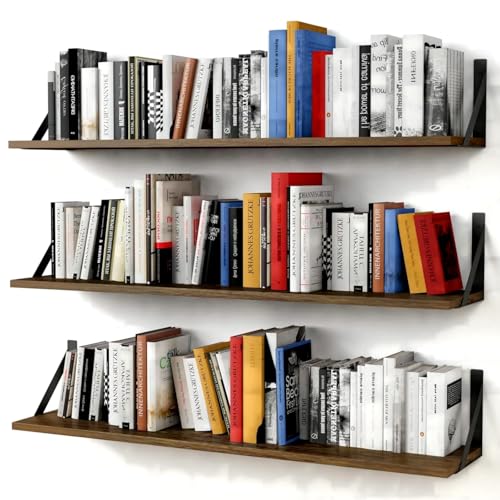 Forbena Floating Book Shelves for Wall Set of 3, 36 Inches Long Wall Bookshelf for Bedroom, Large Wood Heavy Duty Hanging Bookshelves for Books, Living Room Decor, Closet Storage (Rustic Brown) - color: Rustic Brown, size: 36“ x 8” Wall Shelf