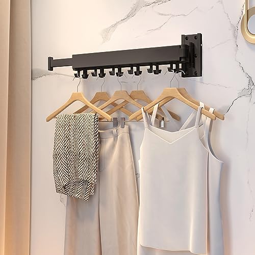 HEILAIYI Clothes Drying Rack for Laundry,Wall Mounted Clothes Hanger Rack,Folding,Retractable,Collapsible(J Shape Hooks) - size: Black/J-Shape Hooks