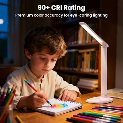 Desk Lamp with Charger, 10%-100% Stepless Dimmable & 5 Color Modes Study Lamp, Touch Control, 30-/60-minute Timer, USB Charging Output Port, CRI≥90, Eye-Caring Foldable LED Desk Lamps for Home Office - color: Pink-US