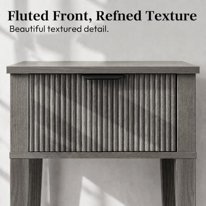 Weathered Gray 15.4" Wide Small Nightstand, Drawer,Open Shelf,Fluted | Weathered gray tone, ribbed fluted front, 11.8-inch slim depth, concealed storage, cool fit for sofa side or chair side - color: Weathered Gray