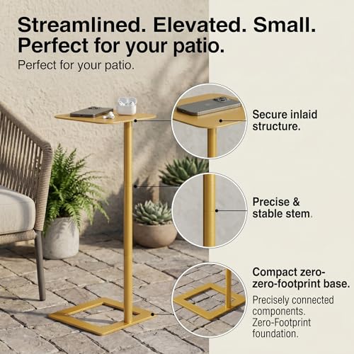 Modern Stable C Table End Table, 23.4" Tall, Medium, Gold | C Shaped Side Table that Slides Under Sofa, Slim Under Couch Table, Industrial Coffee Tray Table for Living Room Bedroom - color: Gold, size: Medium