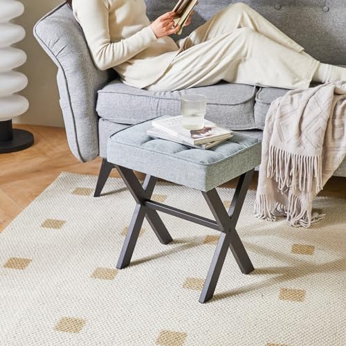 IBUYKE Square Makeup Stool with X-Leg, Linen Vanity Chair, Blue Gray LG-70L | Footrest Ottoman Seat Multi-Use Small Side Table Bedroom Living Room - color: Blue Grey, size: 17.72"-Linen