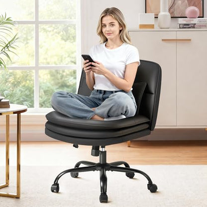 Furmax Criss Cross Legged Office Chair with Wheels, Armless Extra Wide Seat Swivel Desk Chair, Adjustable Height Comfy Task Chair with Thick Cushion for Home Office Bedroom Vanity (PU Leather, Black) - color: Black