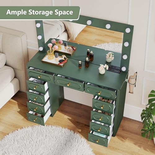 Fluted Vanity Desk with Mirror and Lights, Power Outlets, Modern Wood Vanity Desk Makeup Table with 11 Drawers, 3 Color Modes Dressing Table with Storage for Bedroom, Living Room, Green - style: Green