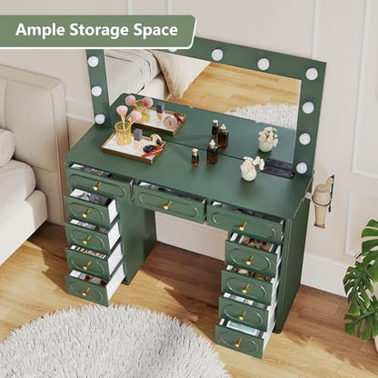 Fluted Vanity Desk with Mirror and Lights, Power Outlets, Modern Wood Vanity Desk Makeup Table with 11 Drawers, 3 Color Modes Dressing Table with Storage for Bedroom, Living Room, Green - style: Green