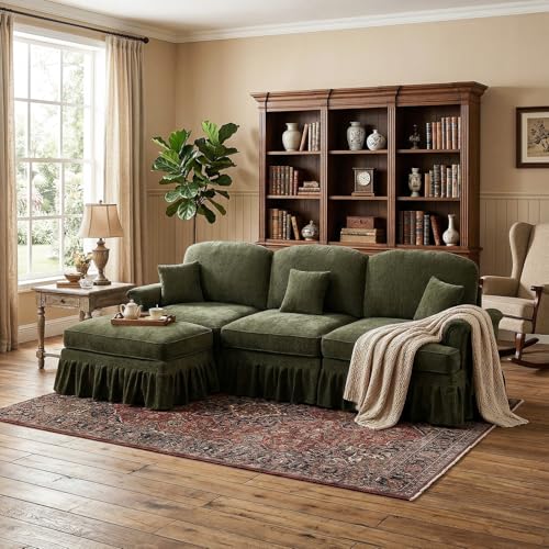 Modular Sectional Sofa Couch, Comfy Chenille Sofa with Removable Ruffled Skirt, Flared Armrests, Sturdy Legs, Convertible Sectional for Living Room, Bedroom, Apartment (Green) - color: Green, size: 107.1 Inch L
