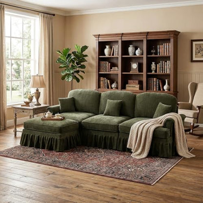 Modular Sectional Sofa Couch, Comfy Chenille Sofa with Removable Ruffled Skirt, Flared Armrests, Sturdy Legs, Convertible Sectional for Living Room, Bedroom, Apartment (Green) - color: Green, size: 107.1 Inch L