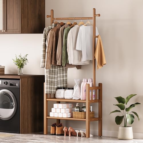 Yoobure Solid Wood Clothing Rack with Shelves - Coat Rack Freestanding with 6 Hooks, 3-in-1 Hall Tree for Hanging Clothes, Tall Garment Racks with Storage for Bedroom, Entryway, Living Room, Closet - color: Natural