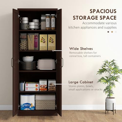 HOMCOM 63" 2-Door Kitchen Pantry 5-Tier Cinnamon Cherry Wood Grain | Freestanding Storage Cabinet, Shelving, 2 Adjustable Shelves, for Dining Room - color: Cinnamon Cherry Wood Grain