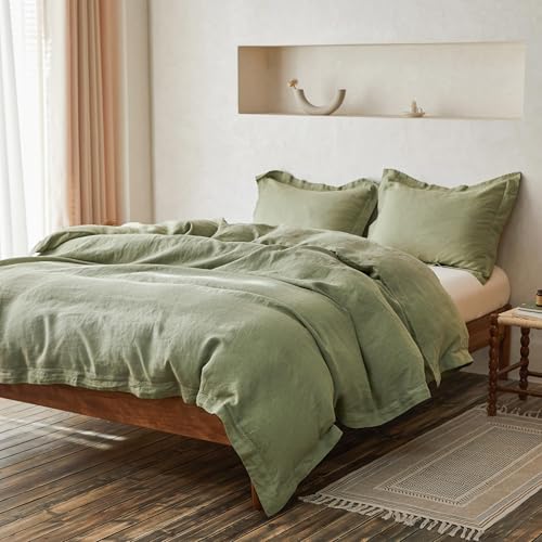 Simple&Opulence 100% Linen Duvet Cover Set with Crossed Embroidery Washed - 3 Pieces (1 Duvet Cover with 2 Pillow Shams) Soft Breathable Farmhouse - Sage Green, Queen Size - color: Crossed-sage Green, size: Queen