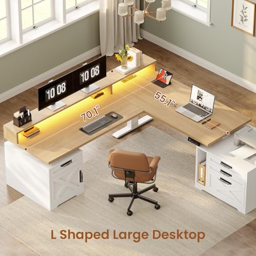 SEDETA Farmhouse L Shaped Standing Desk, 70.1" x 73.2" Height Adjustable Home Office Executive Desk with Drawers, Power Outlet, Monitor Stand, Sit Stand Table with Led Lights for Home Office, Oak - color: Oak