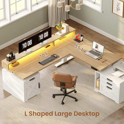 SEDETA Farmhouse L Shaped Standing Desk, 70.1" x 73.2" Height Adjustable Home Office Executive Desk with Drawers, Power Outlet, Monitor Stand, Sit Stand Table with Led Lights for Home Office, Oak - color: Oak