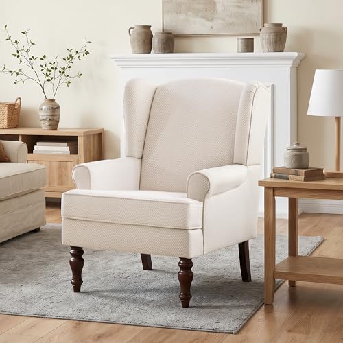 HUIMO Printed Wingback Accent Chair, Linen Upholstered High Back Armchair, Comfy Reading Chair for Living Room Bedroom Study, 300lbs Weight Capacity (1, Tan with Lines) - color: Tan With Lines