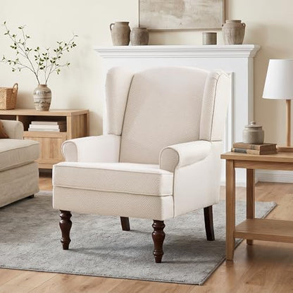 HUIMO Printed Wingback Accent Chair, Linen Upholstered High Back Armchair, Comfy Reading Chair for Living Room Bedroom Study, 300lbs Weight Capacity (1, Tan with Lines) - color: Tan With Lines