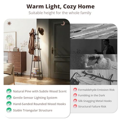 young master Freestanding Coat Rack with Light, 12 Hooks & 3 Wood Shelves, Black
