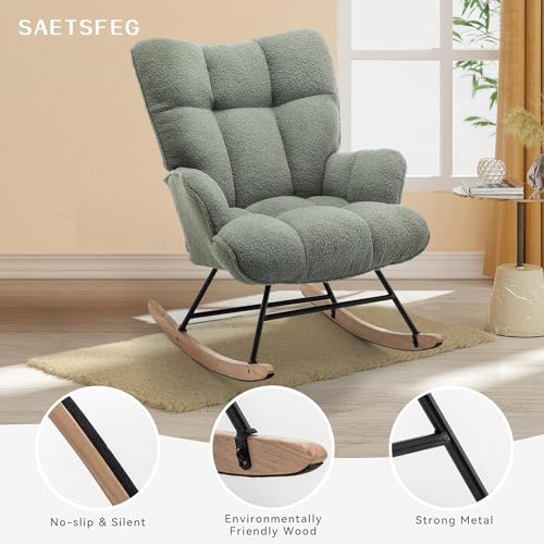 Rocking Chair Nursery Teddy Upholstered Glider Rocker Rocking Accent Chair Padded Seat with High Backrest Armchair Comfy Side Chair for Living Room Bedroom Offices (Green Teddy) - color: Forest Green