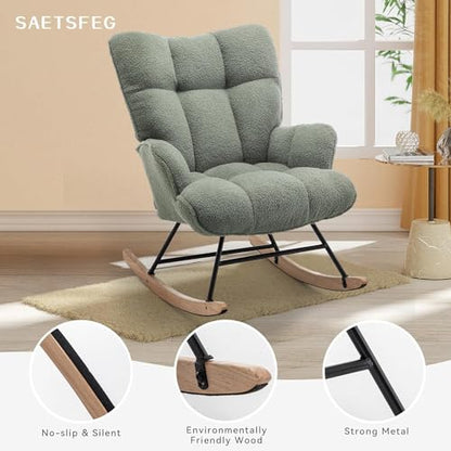 Rocking Chair Nursery Teddy Upholstered Glider Rocker Rocking Accent Chair Padded Seat with High Backrest Armchair Comfy Side Chair for Living Room Bedroom Offices (Green Teddy) - color: Forest Green