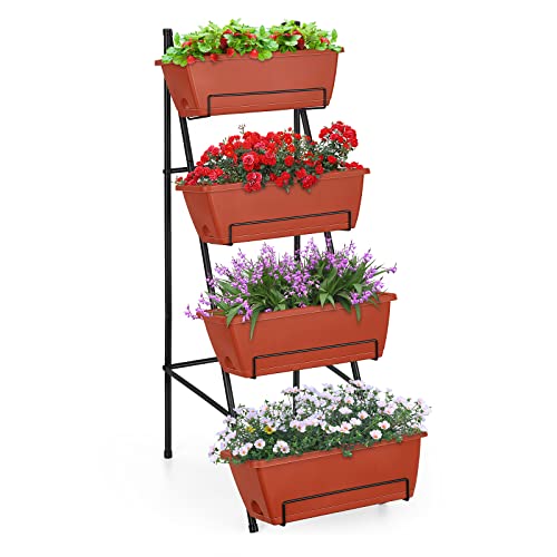 Raised Garden Bed with Legs 4 Tier Vertical Herb Garden Planter, Brick Red | 41.5 IN Tall Elevated Garden Planters with Drainage Holes, Metal Frame, Indoor Outdoor Standing Flower Planters - color: Brick Red