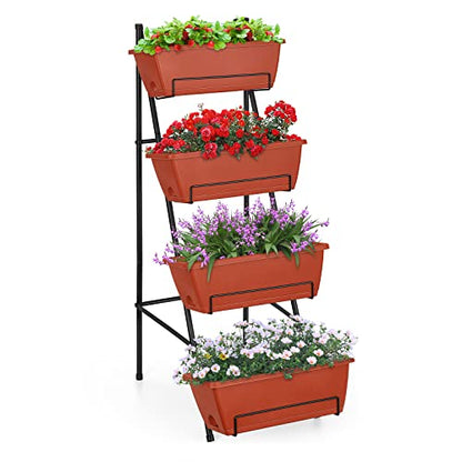 Raised Garden Bed with Legs 4 Tier Vertical Herb Garden Planter, Brick Red | 41.5 IN Tall Elevated Garden Planters with Drainage Holes, Metal Frame, Indoor Outdoor Standing Flower Planters - color: Brick Red