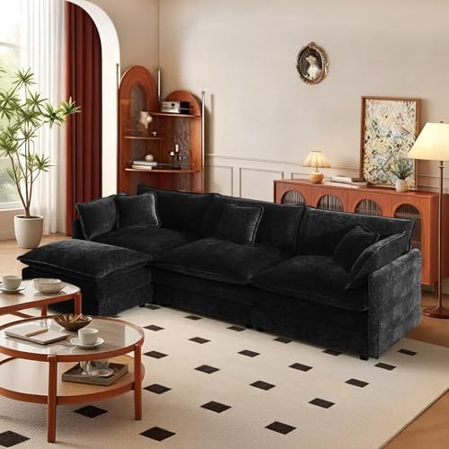 103.8" Chenille L Shaped Modular Sofa with Ottoman,Black | Randomly Assemble Modular Sofa Sets, Modern Recliner Deep Seat Sofa Set for Living Room,Office - color: Black, size: 3S+1O