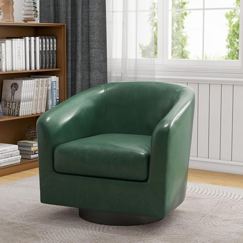 Swivel Accent Chair, PU Leather Upholstered Barrel Club Chair, Green | Modern Round Armchair | Comfy Reading Seat with Removable Cushion | For Living Room, Bedroom, Office - color: Green