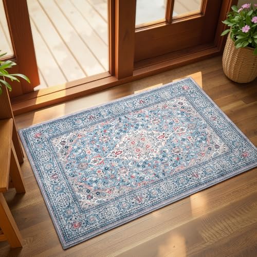 Blue Small Washable Area Rug, 2x3 Boho Vintage Entryway Rugs, Soft Non Slip Floral Door Mat, Aesthetic Low Pile Carpet for Front Door Entry Carpets Entrance Bedroom Kitchen - color: Blue, size: 2' x 3' (Rectangular)