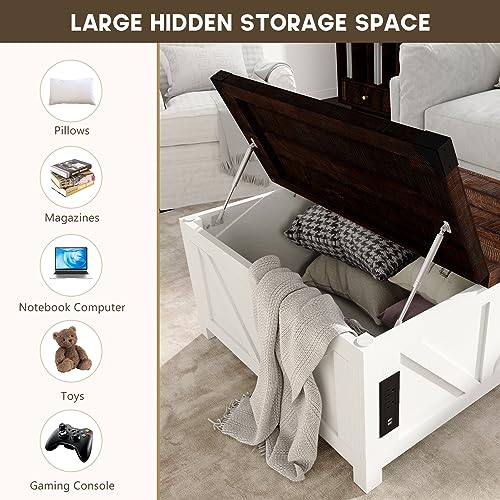 jimeimen Farmhouse Lift Top Coffee Table with Storage, Wood Square Center Table with Charging Station&USB Port, Living Room Table w/Large Hidden Space, for Living Room, Bedroom, Home Office, White - color: White