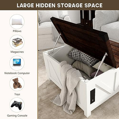 jimeimen Farmhouse Lift Top Coffee Table with Storage, Wood Square Center Table with Charging Station&USB Port, Living Room Table w/Large Hidden Space, for Living Room, Bedroom, Home Office, White - color: White