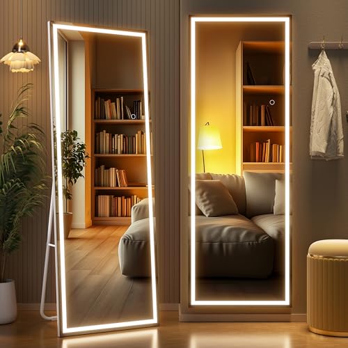 Full Length Mirror with Lights, 56" x 18" LED Lighted Floor Standing Body Mirror, Dimmable & 3 Color Lighting for Bedroom, Cloakroom, Dressing Room, Tempered Glass, Square White - color: White, size: 56"L x 18"W