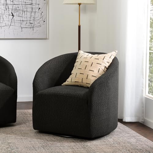 KINWELL 32" Wide Modern Boucle Swivel Barrel Chair, No Assembly Round Upholstered Swivel Accent Armchair for Living Room, Bedroom, Office (Black) - color: Black, style: Set of 1