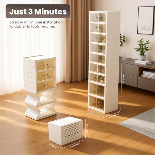 Foldable Shoe Organizer Storage Box, Portable Extra Large Folding Shoe Rack for Closet, Shoe Storage Box with Magnetic Transparent Door and Wheels, 9 Layers 18 Grids with 4 Big Grids - size: White 9 Layers-C