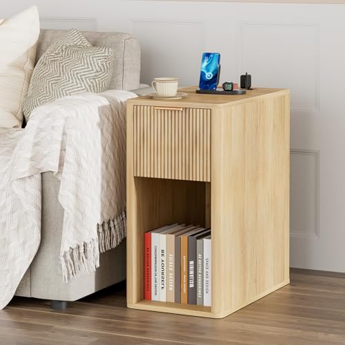 Homleke Narrow End Table with Fluted Drawer & Charging Station | Compact Nightstand with USB Ports & Outlets, Bedside Table for Bedroom, Living Room, Modern Accent Table, Natural - color: Natural