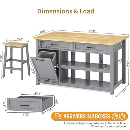 Kitchen Island with Storage and Seating Include 2 Bar Stools, Drawers, Grey | 47" Solid Rubberwood Top Kitchen Island with Trash Can Storage, Power Outlet, 6 Hooks, Coffee Bar Cabinet, Dining Table for 2 - color: Grey