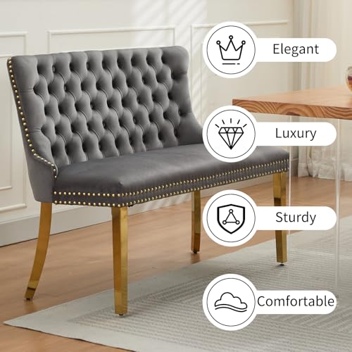 Grey Velvet Dining Bench with Back, Tufted Banquette Seating, Gold Legs | Upholstered loveseat bench; tufted back; nailhead trim; 500 lb capacity; foam and spring seat; dining room or entryway - color: Grey(gold Stainless Steel Legs)