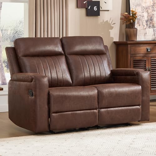 Manual Faux Leather Loveseat and Recliner Sofa Set, Wall-Hugger Reclining Living Room Furniture Set, 2-Seater Recliner Chair, 3-Seat Reclining Sofa Couches for Living Room, Villa, R-Brown, 2+3 - color: Red Brown, size: 58"W+79"W（2+3）