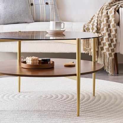 LumFurn Round Coffee Table, Mid-Century Modern Design, D30 x H17, for Living Room, 2-Tier Structure, Amber Glass Top and Walnut MDF Shelf, Sleek Conical Metal Legs with Gold Finish - color: D30" Amber & Walnut